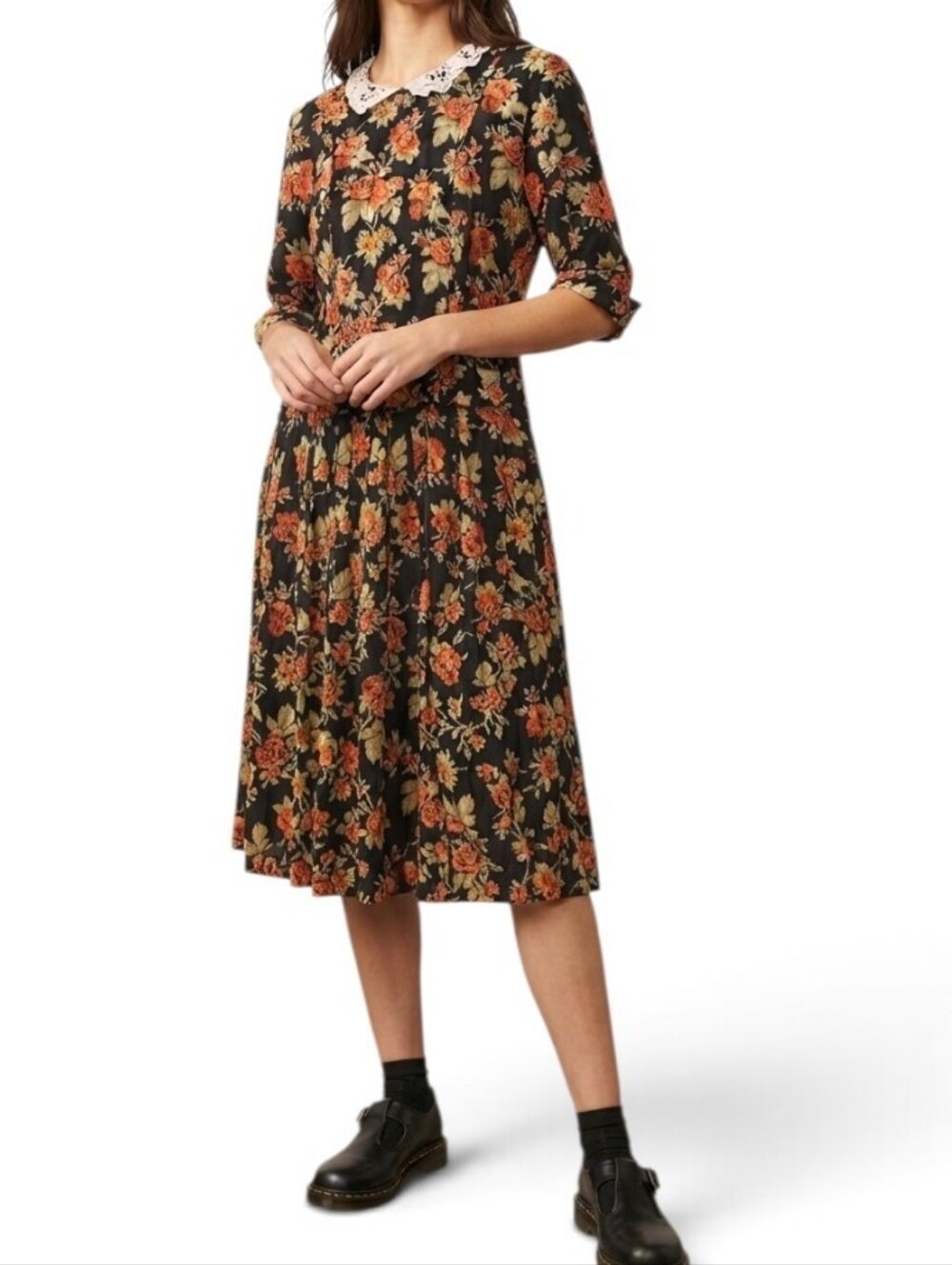 Vintage 1990s Piccalino Petites Floral Lace Collar Midi Dress Black Orange Size